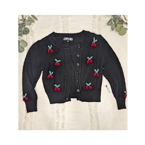 YEMAK Cherry Pom Pom 3/4 Sleeve Cropped Honeycomb Knit Cardigan Sweater - Picture 1 of 4